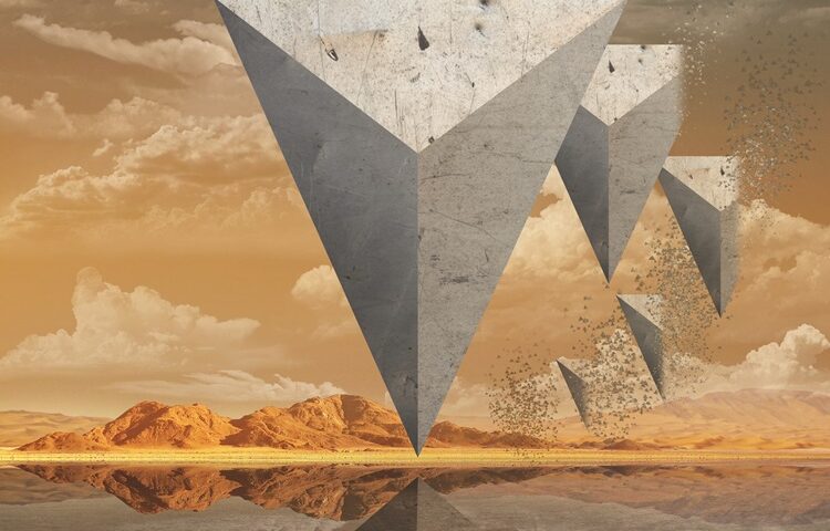 The album cover for True Stories... and Other Lies by PrYzme features a desert landscape with large, inverted stone pyramids hovering in the sky and disintegrating into fragments. The scene is reflected in a glassy surface below, with clouds and orange lighting. The band name appears in the top left, stylized with a red geometric symbol.