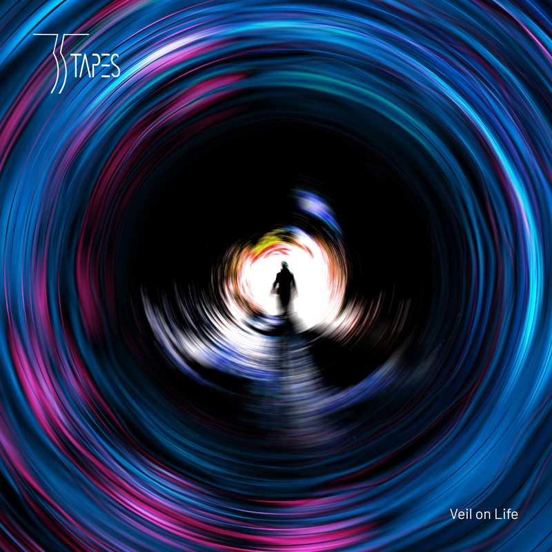 A swirling, tunnel-like vortex of neon blues, purples, and pinks pulls the eye inward toward a bright center, where a lone silhouetted figure walks forward.