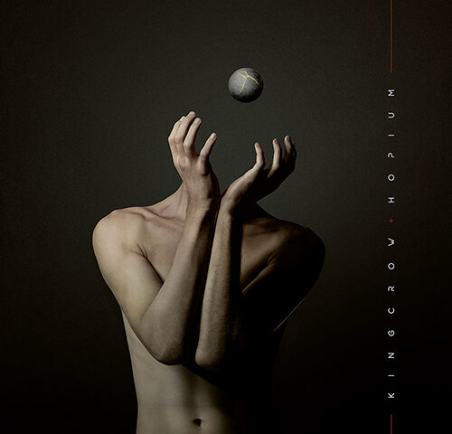 Kingcrow – "Hopium" covr artwork. a headless human body trying to catch a round object with cupped hands.