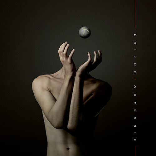 Kingcrow – "Hopium" covr artwork. a headless human body trying to catch a round object with cupped hands.