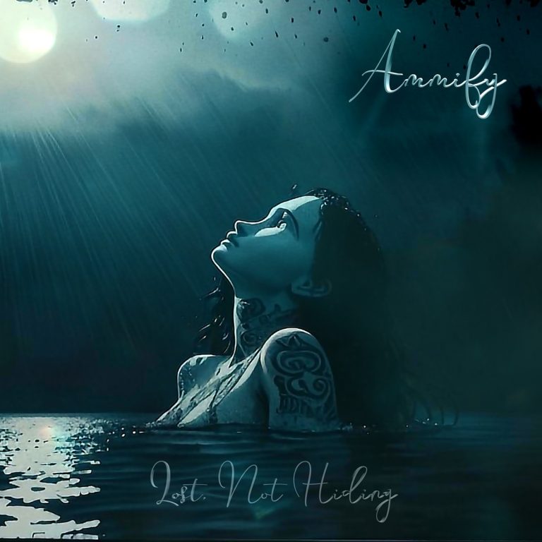 Ammify – "Lost, Not Hiding" cover artwork. An image of a woman's head rising from the water.