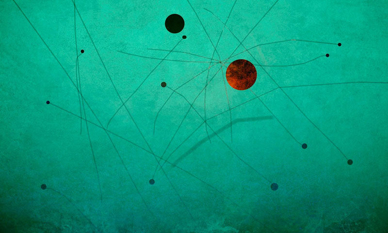 The album cover for Aether's Trans-Neptunian Objects features an abstract, cosmic-inspired design. A textured teal-green background fades into a darker, almost black lower edge, evoking a deep-space or underwater aesthetic. Delicate, thin black lines crisscross the image, connecting small black dots, suggesting orbital paths or celestial mechanics. Two prominent spheres—one dark and the other a rusty red—anchor the composition, resembling planetary bodies or distant celestial objects.