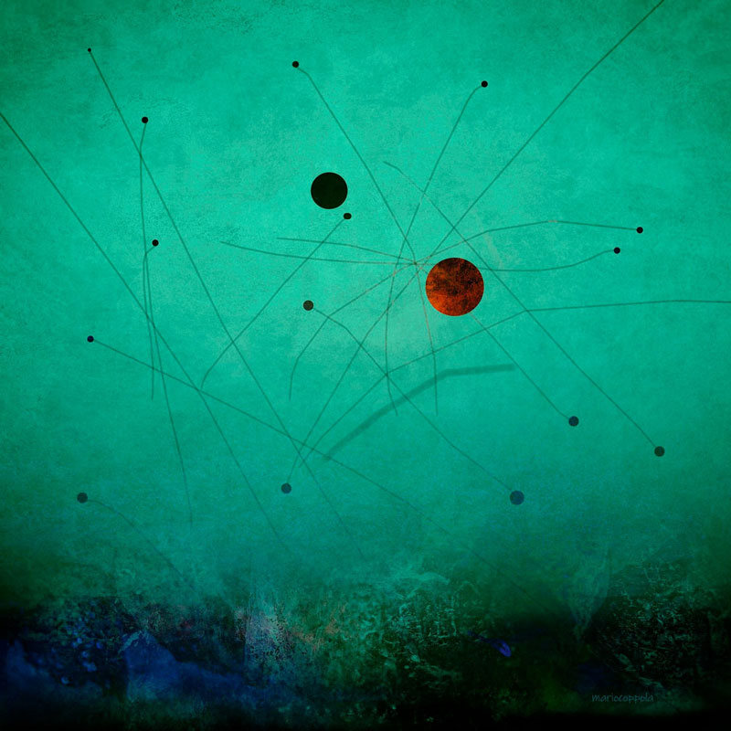 The album cover for Aether's Trans-Neptunian Objects features an abstract, cosmic-inspired design. A textured teal-green background fades into a darker, almost black lower edge, evoking a deep-space or underwater aesthetic. Delicate, thin black lines crisscross the image, connecting small black dots, suggesting orbital paths or celestial mechanics. Two prominent spheres—one dark and the other a rusty red—anchor the composition, resembling planetary bodies or distant celestial objects.