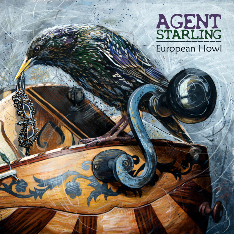 Agent Starling - European Howl cover artwork. An illustration of a hurdy-gurdy with a crow standing on it holding a carnival mask in its beak.