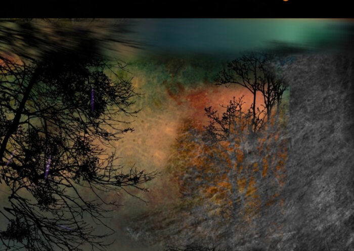 The album cover for Essences Referable to Nothingness features a dreamlike landscape. Silhouetted trees stand against a hazy, multi-colored sky that shifts from deep green to burnt orange. The foreground is shadowy and desaturated.