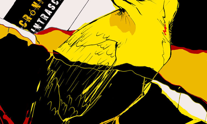 The album cover for Crónicas Intrascendentes by Akenathon features a graphic illustration of a yellow bird with black and red accents, set against a background of diagonal stripes and jagged shapes. The title appears in block letters along the upper left edge, with "Crónicas" in yellow and "Intrascendentes" in white.