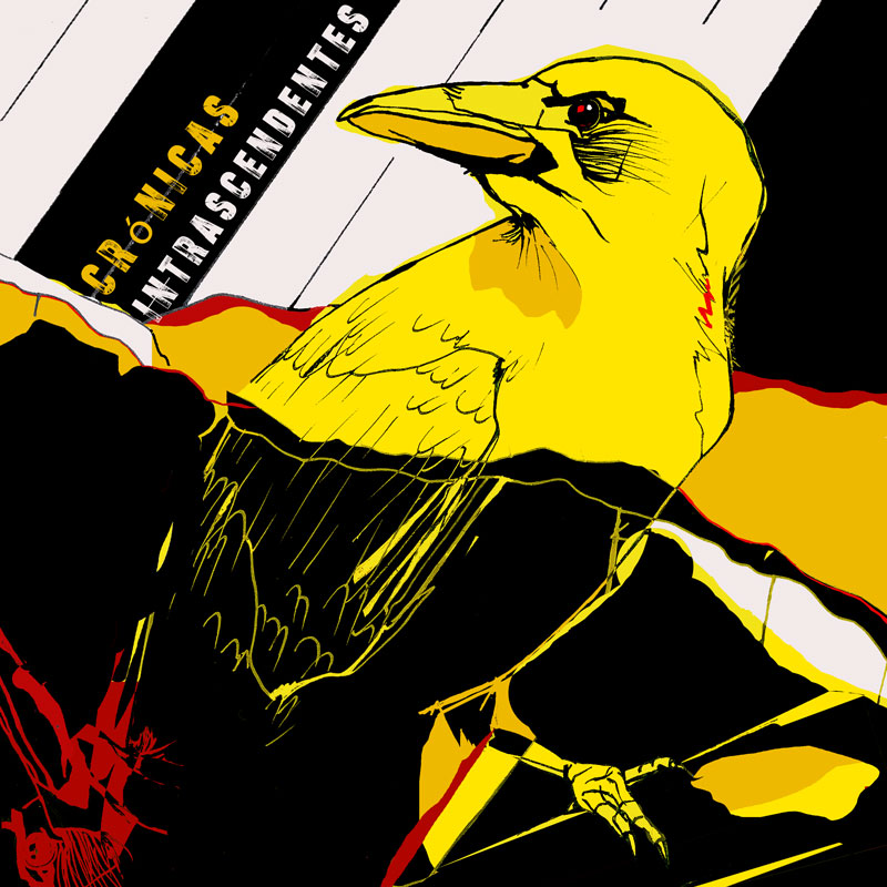 The album cover for Crónicas Intrascendentes by Akenathon features a graphic illustration of a yellow bird with black and red accents, set against a background of diagonal stripes and jagged shapes. The title appears in block letters along the upper left edge, with "Crónicas" in yellow and "Intrascendentes" in white.