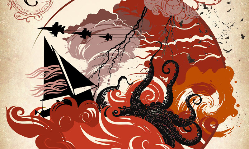 The album cover for The Good Man by Alex Carpani features a vintage-inspired illustration of a sailboat caught in a stormy sea, surrounded by red waves, lightning, fighter jets, and a menacing black octopus.