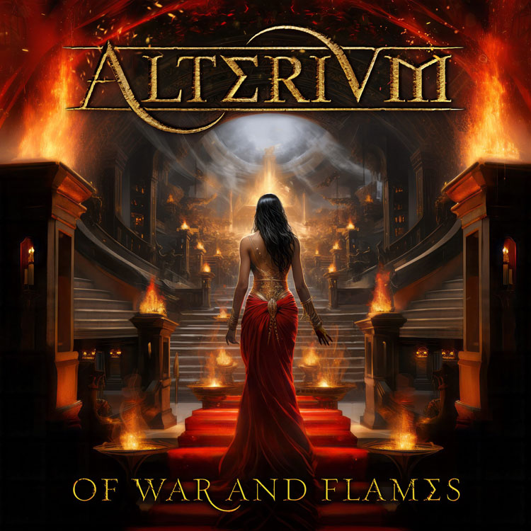 Alterium - "Of War and Flames" cover artwork. A woman in a red nightgown walking up into a temple.