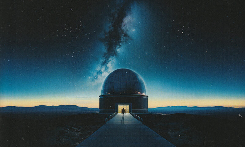 The album cover shows an observatory dome under a star-filled night sky, with the Milky Way stretching above. A single figure stands silhouetted at the glowing entrance, facing a long pathway that leads outward. At the bottom, the title "Ambient Den" appears in bold, glowing letters.