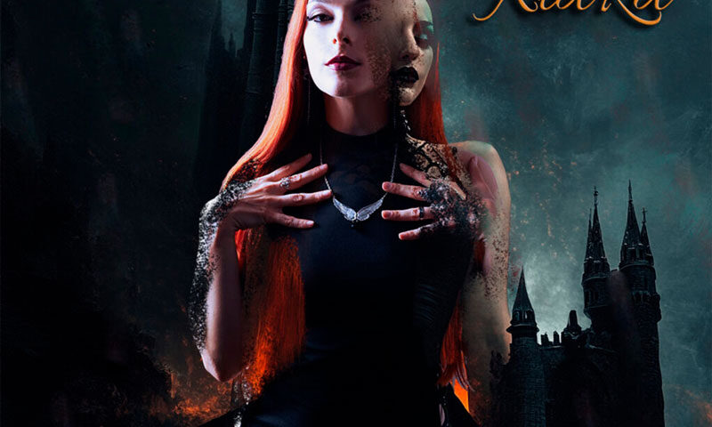 The cover of Symphony of Rage by Anna KiaRa features a fiery-haired woman in a black dress and crown, set against the backdrop of a gothic castle. Her form partially disintegrates into ash, revealing a shadowy, mirrored version of herself. The dark, mystical atmosphere is intensified by dramatic lighting and the album's ornate, orange serif typography