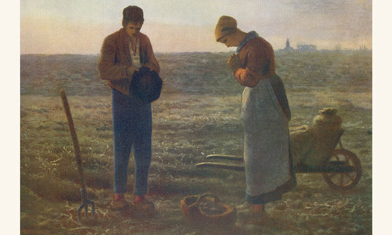 The album cover for Trollringen by Anders Buaas features a pastoral painting of a man and woman standing in a field at dusk, both with heads bowed in a gesture of reverence or reflection. A wheelbarrow, a basket, and a pitchfork lie nearby.