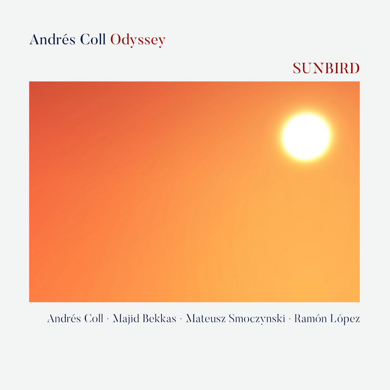 Andrés Coll Odyssey - Sunbird cover artwork. An orange background and a bright yellow-white sun.