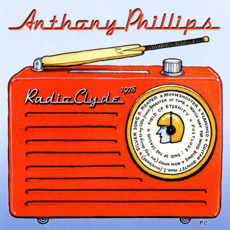 The album cover for Anthony Phillips – Radio Clyde 1978 features a bright red vintage radio illustration with a stylized antenna and a tuning dial that lists track titles. The artist’s name appears in red cursive at the top, while “Radio Clyde 1978” is written in retro script on the radio body.