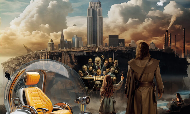The cover presents a futuristic capsule chair in the foreground beside a fractured cityscape dominated by a tower that resembles a modern metropolis skyline. Above, white birds cross a sky filled with towering clouds, while smoke rises from industrial stacks at the right edge. At the center, a child points toward a cluster of distorted political-looking figures gathered below the elevated city, as a cloaked figure stands nearby with their back turned to the viewer. Small details, including a seated guitarist near the shoreline and scattered mushrooms in the lower corner.