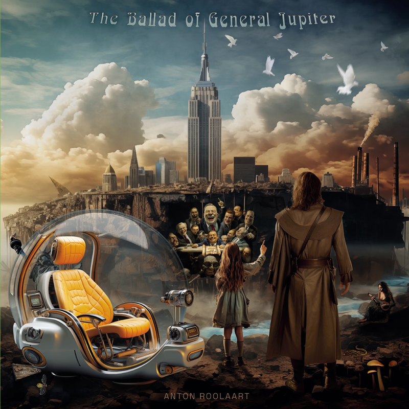 The cover presents a futuristic capsule chair in the foreground beside a fractured cityscape dominated by a tower that resembles a modern metropolis skyline. Above, white birds cross a sky filled with towering clouds, while smoke rises from industrial stacks at the right edge. At the center, a child points toward a cluster of distorted political-looking figures gathered below the elevated city, as a cloaked figure stands nearby with their back turned to the viewer. Small details, including a seated guitarist near the shoreline and scattered mushrooms in the lower corner.