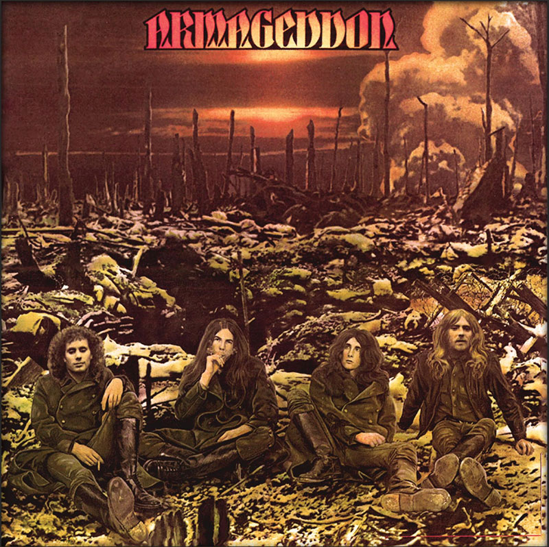 Armageddon cover artwork. The four musicians sitting in front of a post-apocalyptic wasteland.