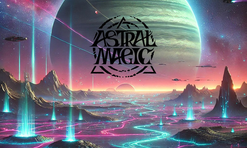 The album cover for In Space We Trust by Astral Magic features an otherworldly landscape with glowing neon rivers, sharp mountain peaks, and floating beams of blue light. A massive planet dominates the sky, while spacecraft streak across a starry cosmic backdrop. The band’s logo appears centrally, and the album title is displayed in futuristic typography at the bottom.
