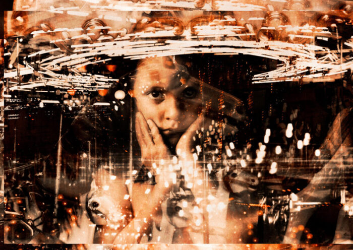 The cover for Atomic Time – Out of the Loop features a layered collage of urban lights, mechanical textures, and a central portrait of a contemplative child resting their face in their hands. Blurred exposures and overlapping images. The palette leans heavily on sepia tones with flashes of white and amber light.