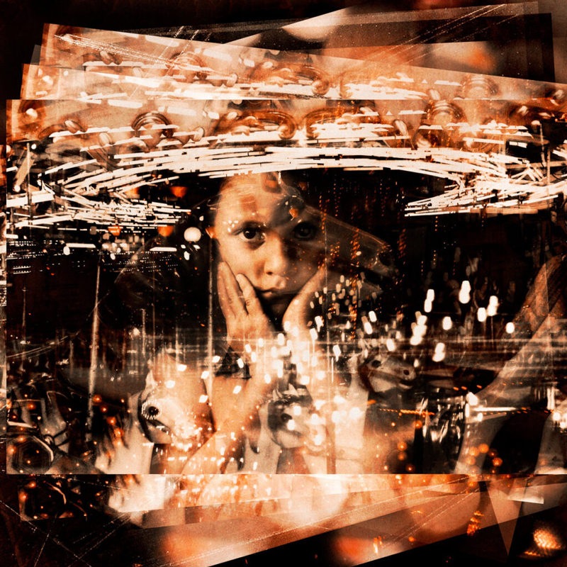 The cover for Atomic Time – Out of the Loop features a layered collage of urban lights, mechanical textures, and a central portrait of a contemplative child resting their face in their hands. Blurred exposures and overlapping images. The palette leans heavily on sepia tones with flashes of white and amber light.