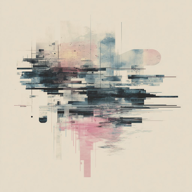 An abstract design features layered geometric bands in blues, charcoal, and soft pink, drifting horizontally across a cream background.