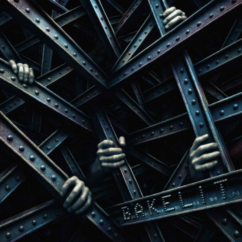 The album cover features metallic beams crisscrossing in a dark, industrial pattern, with human hands gripping through the gaps. At the bottom, the word Bakelit appears in a rugged, stenciled style.