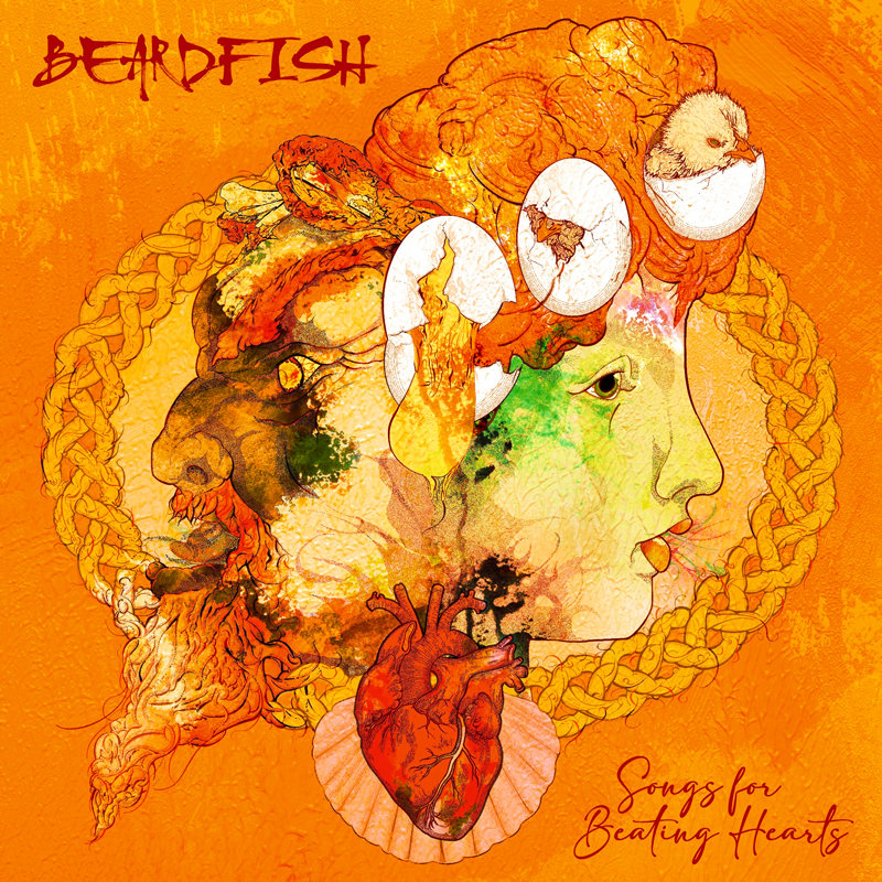 Beardfish - Songs For Beating Hearts cover artwork. A fantasy illustration with a heart in the middle and two opposing heads. A woman on the right with cracked eggs and duckling coming out of one egg, and a warrior-like male head on the left.