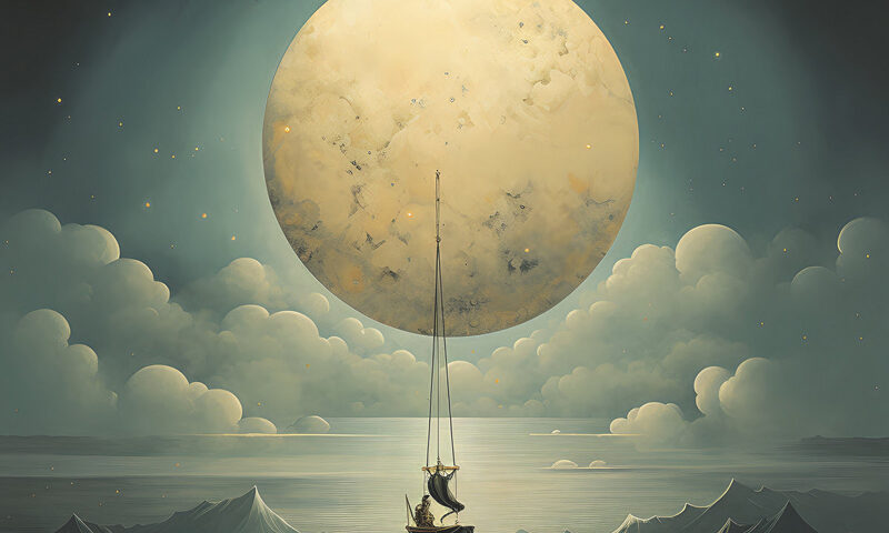 Beledo - Flotando en el Vacío covr artwork. An illustration with a large moon, clouds and high mountan peaks. Something seems to be hanging from the moon.