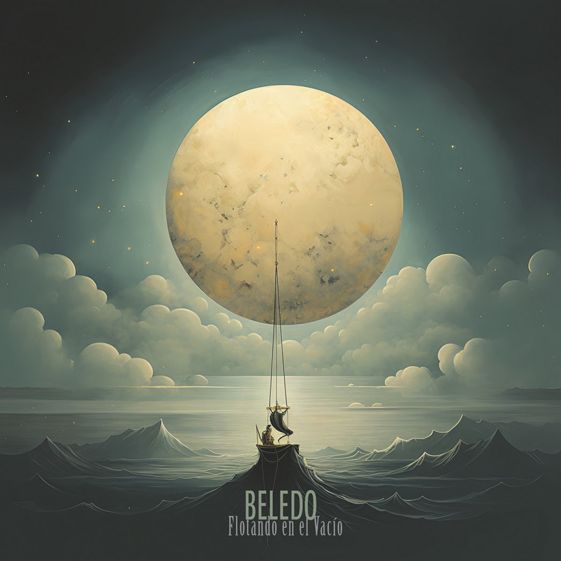 Beledo - Flotando en el Vacío covr artwork. An illustration with a large moon, clouds and high mountan peaks. Something seems to be hanging from the moon.