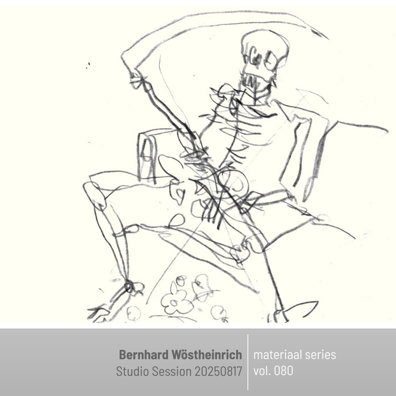 Bernhard Wöstheinrich - Materiaal 080 – Studio Session 20250817 cover atwork. A black and white sketch featuring the grim reaper holding a scythe, sitting on a couch.