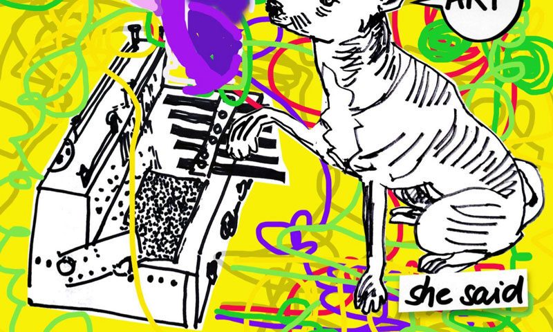 This album cover for Microphonic Soundbox Session by Bernhard Wöstheinrich & Merey Senocak (Materiaal Series Vol. 078) features a hand-drawn, collage-like illustration. A black-and-white dog labeled "she said" barks "ARF" at a whimsical analog sound machine, topped with a purple gramophone horn. The background bursts with neon yellow, green, and pink scribbles.
