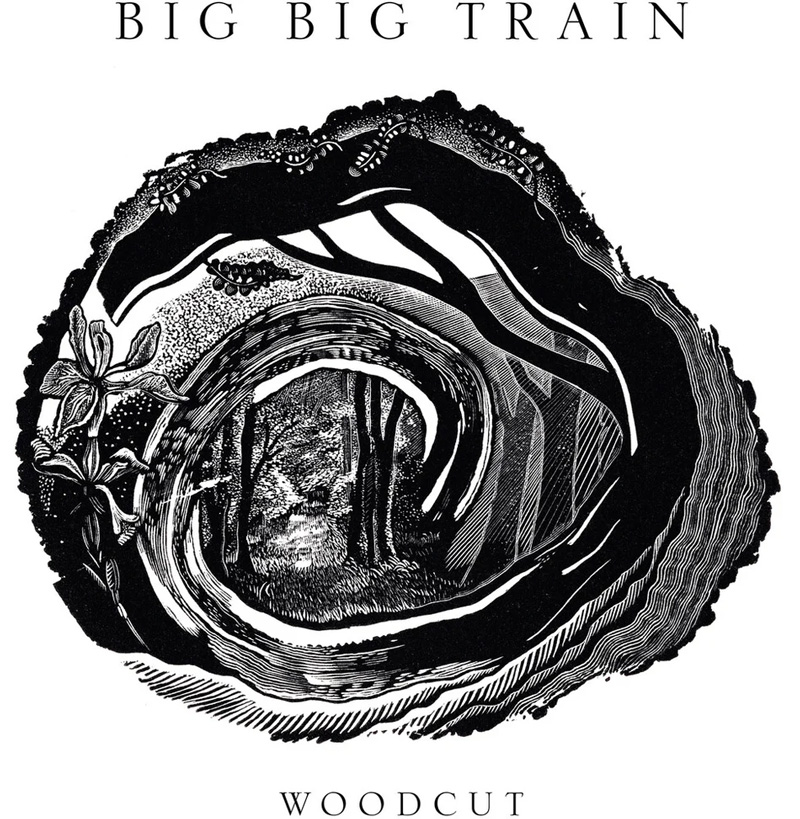 Big, Big, Train – Woodcut cover artwork. A black and white image of a woodcut with a nature scene.