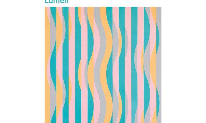 The album cover for Lumen by Bill Laurance features vertical stripes in pastel pink, teal, yellow, and gray. Wavy shapes of the same colors flow through the stripes, creating a rhythmic, optical effect. The artist’s name appears in black at the top left, with the album title in teal just beneath it, while the ACT label logo sits in the bottom left corner.