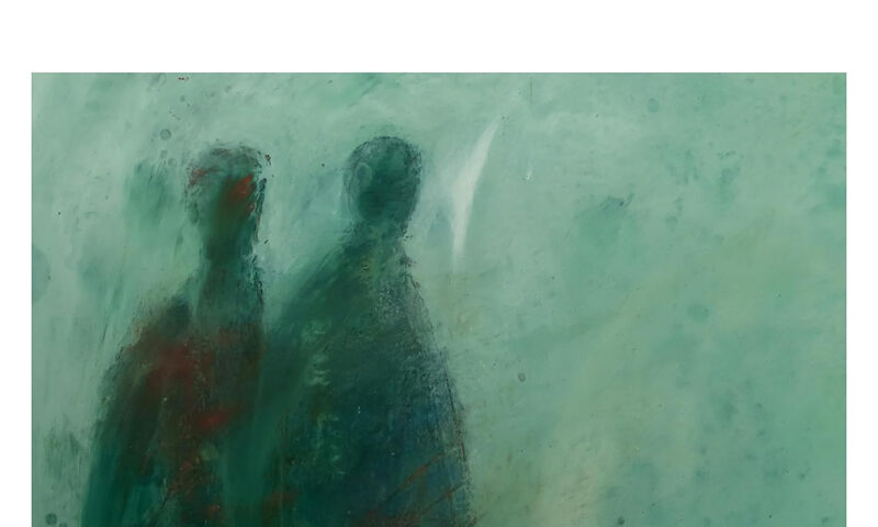 The album cover for Bill Laurance & Michael League – Keeping Company features a painting of two shadowy, humanoid figures blending into a greenish, misty background.