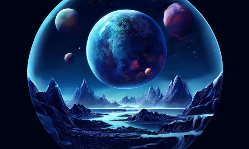 The album cover for New Moon by Billy Yfantis features a sci-fi landscape enclosed in a glassy sphere. A glowing blue planet dominates the sky, surrounded by smaller celestial bodies, while jagged mountains and winding rivers stretch across an alien terrain. The artist's name appears in bold, stylized yellow text in the top right corner, with the album title in clean, white font at the bottom.