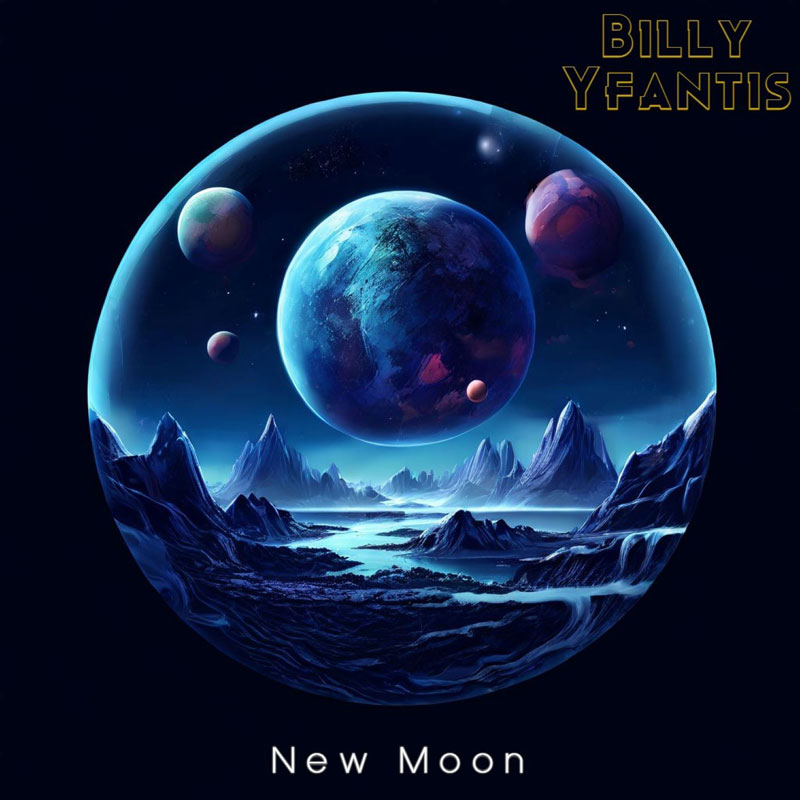 The album cover for New Moon by Billy Yfantis features a sci-fi landscape enclosed in a glassy sphere. A glowing blue planet dominates the sky, surrounded by smaller celestial bodies, while jagged mountains and winding rivers stretch across an alien terrain. The artist's name appears in bold, stylized yellow text in the top right corner, with the album title in clean, white font at the bottom.