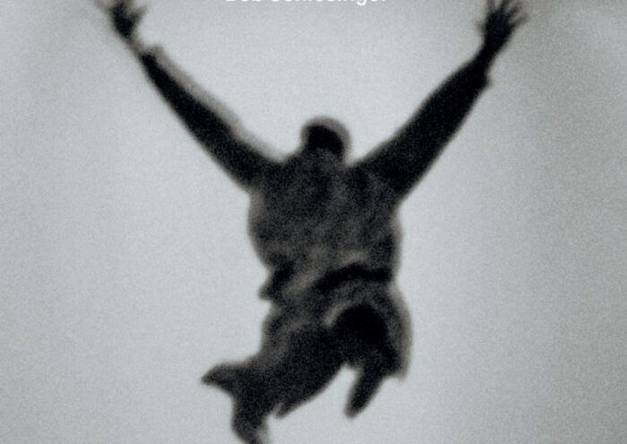 The album cover for Falling From Earth by Bob Schlesinger features a blurred, grayscale image of a figure mid-air, arms extended upward in a falling or leaping motion. The title and artist's name appear in white text at the top center.