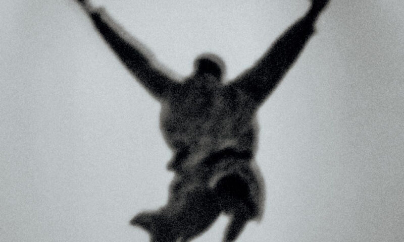 The album cover for Falling From Earth by Bob Schlesinger features a blurred, grayscale image of a figure mid-air, arms extended upward in a falling or leaping motion. The title and artist's name appear in white text at the top center.