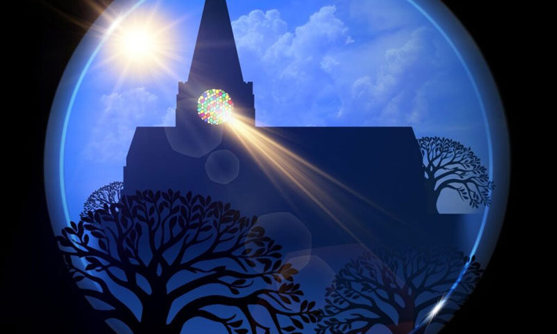 The album cover for Stories from the Old Church Lane by Brendan Perkins features a silhouetted church with a tall steeple, illuminated by sunlight streaming through a stained-glass window. Set against a dreamy blue sky and framed by bare, swirling trees, the image is encased in a glowing circular border.