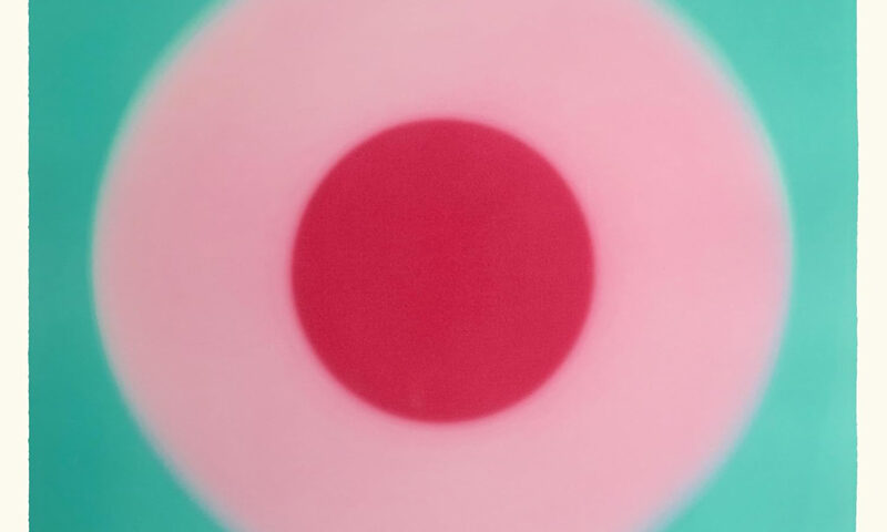 The cover of Liminal by Brian Eno & Beatie Wolfe features a soft gradient target pattern: a deep pink center radiating outward through pale pink into a turquoise background. The artists’ names appear in purple at the top, and the album title rests in the same color at the bottom.