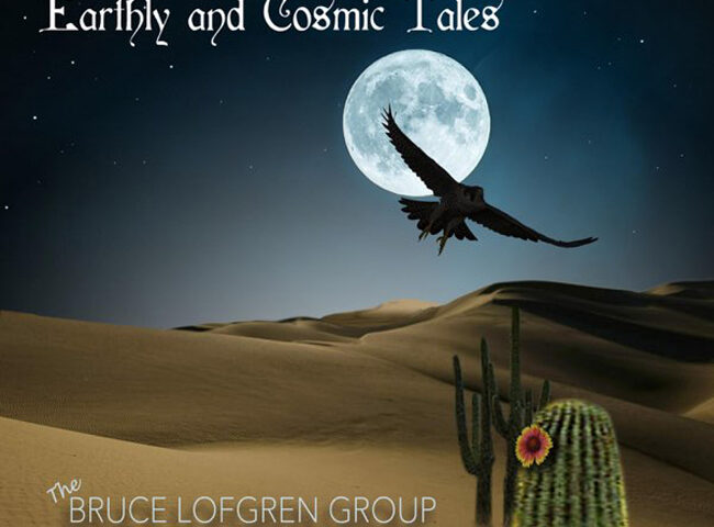 Bruce Lofgren - Earthly and Cosmic Tales cover artwork. A desert landscape at night with dunes, a cactus, a flyig raptor and a full moon.