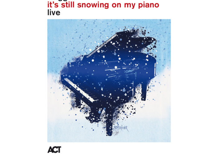 The album cover for Bugge Wesseltoft – It’s Still Snowing on My Piano (Live) features an illustration of a grand piano in deep blue against a light blue background. White paint splatters suggest falling snow. The ACT logo appears at the bottom.