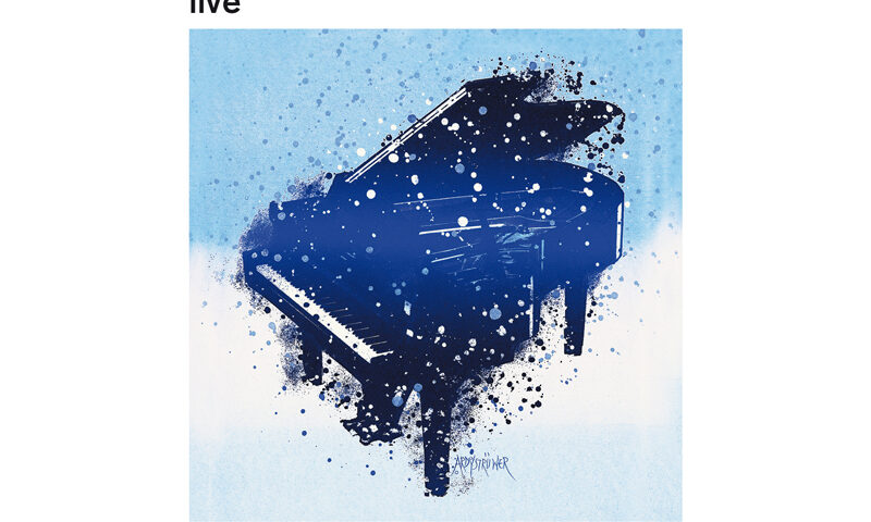 The album cover for Bugge Wesseltoft – It’s Still Snowing on My Piano (Live) features an illustration of a grand piano in deep blue against a light blue background. White paint splatters suggest falling snow. The ACT logo appears at the bottom.
