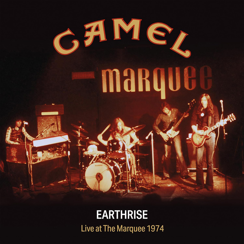 Camel Earthrise Live at the Marquee 1974 cover artwork. A photo of the band playing live.