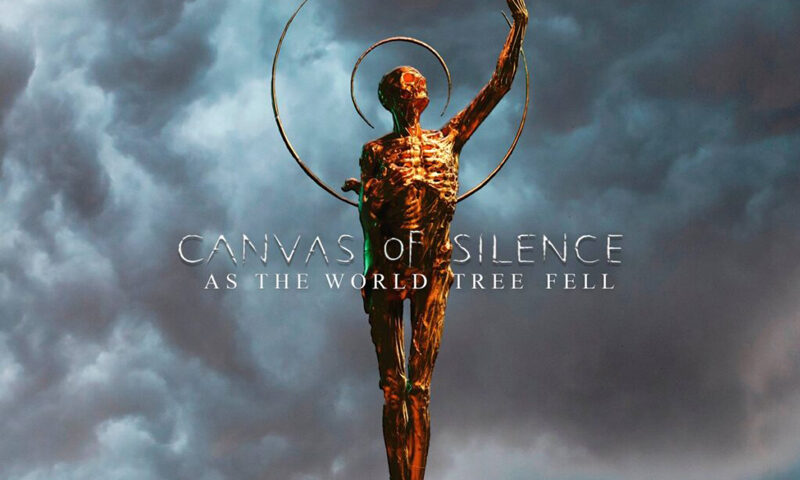 The album cover shows a golden, statue-like figure rising from dark waters against a stormy sky. The figure stands with one arm raised, surrounded by circular halos. At the center, the text reads Canvas of Silence with the subtitle As the World Tree Fell.