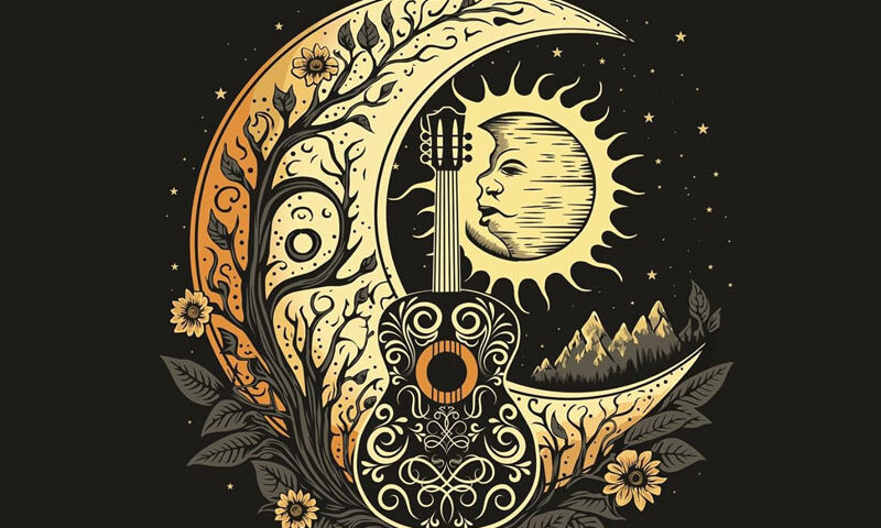 The album cover for Songs for a Perigee Moon by Carl Weingarten features an ornate illustration of a guitar integrated into a crescent moon, with a sun bearing a human face nestled inside the curve. Surrounding the central image are floral patterns, tree branches, distant mountains, and a starry sky, combining natural and celestial imagery in warm gold, amber, and earth tones against a black background.