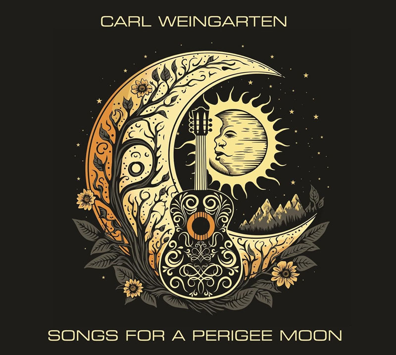 The album cover for Songs for a Perigee Moon by Carl Weingarten features an ornate illustration of a guitar integrated into a crescent moon, with a sun bearing a human face nestled inside the curve. Surrounding the central image are floral patterns, tree branches, distant mountains, and a starry sky, combining natural and celestial imagery in warm gold, amber, and earth tones against a black background.