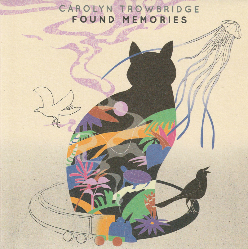 A parchment-toned background frames a silhouetted cat seated on a toy wagon, its interior filled with bright flora and small creatures. Delicate line drawings of birds and a floating jellyfish surround the figure.