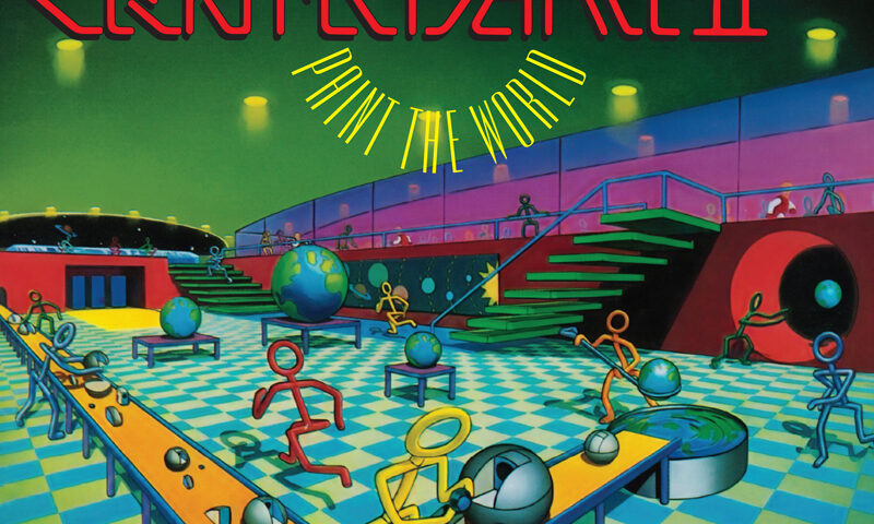 Chick Corea’s Elektric Band II - Paint the World cover artwork. a very colorful fututristic illustration of human figures moving near an L-shaped table.