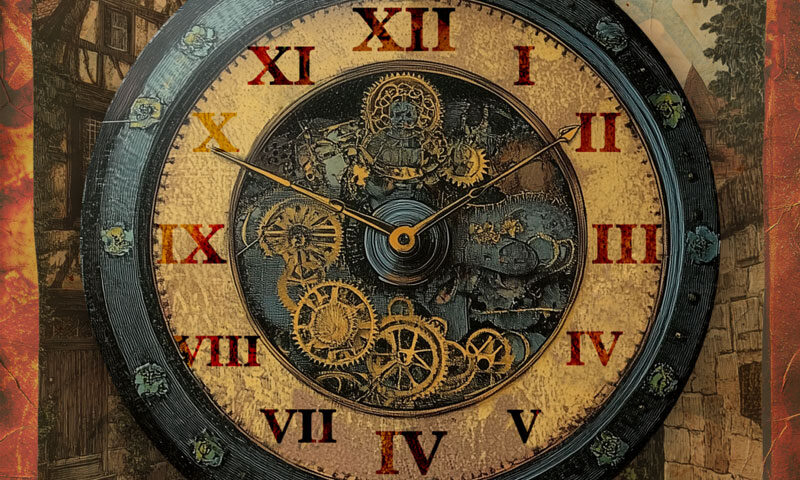 The album cover for The Clockmaster by Clay Wulbrecht features an ornate, antique-style clock face overlaid on a vintage illustration of a cobbled European village. The clock displays exposed gears and intricate machinery at its center, with Roman numerals in alternating red and gold tones marking the hours. The title and artist’s name appear subtly at the bottom right.